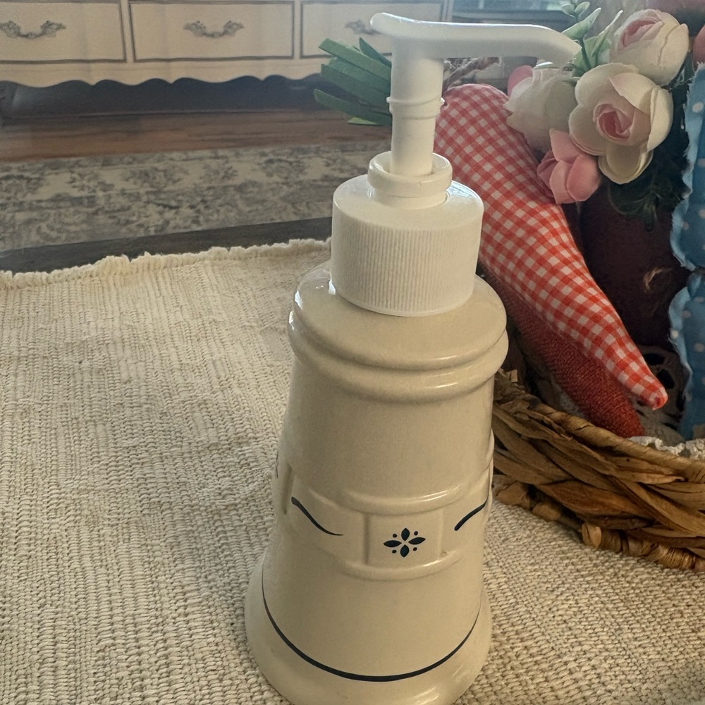 Longaberger Cream Ceramic Soap Dispenser with Navy Accents